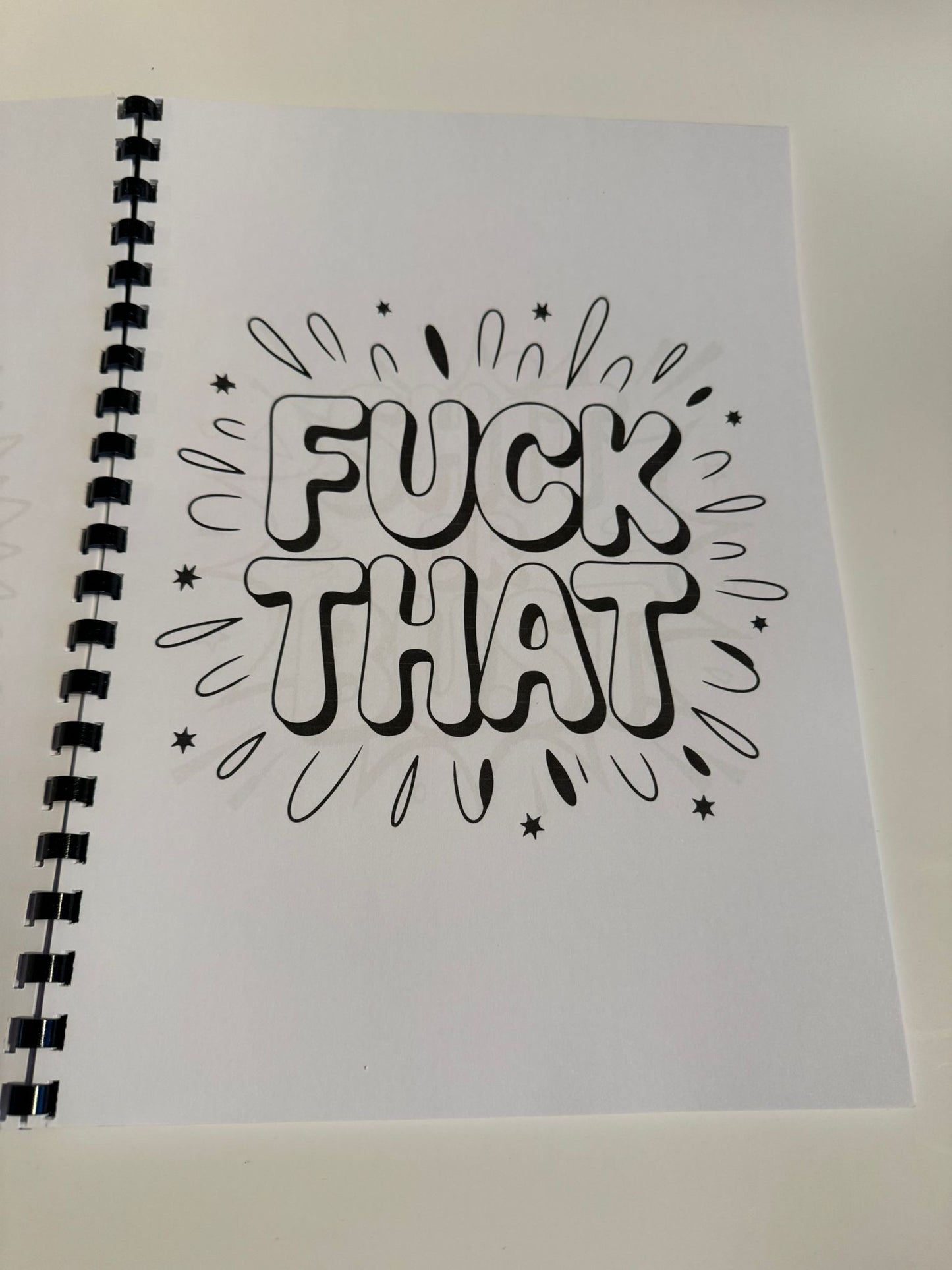 Swearing colouring book with thick 120 gsm paper, plastic comb, card back cover, plastic film and glossy front cover